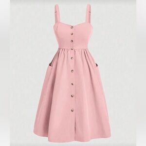 SHEIN Pink Button-Front Midi Dress with Pockets